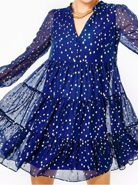 Lilly Pulitzer Sarita Silk Swing Dress in High Tide Navy Gold Polka Dot Size 6
